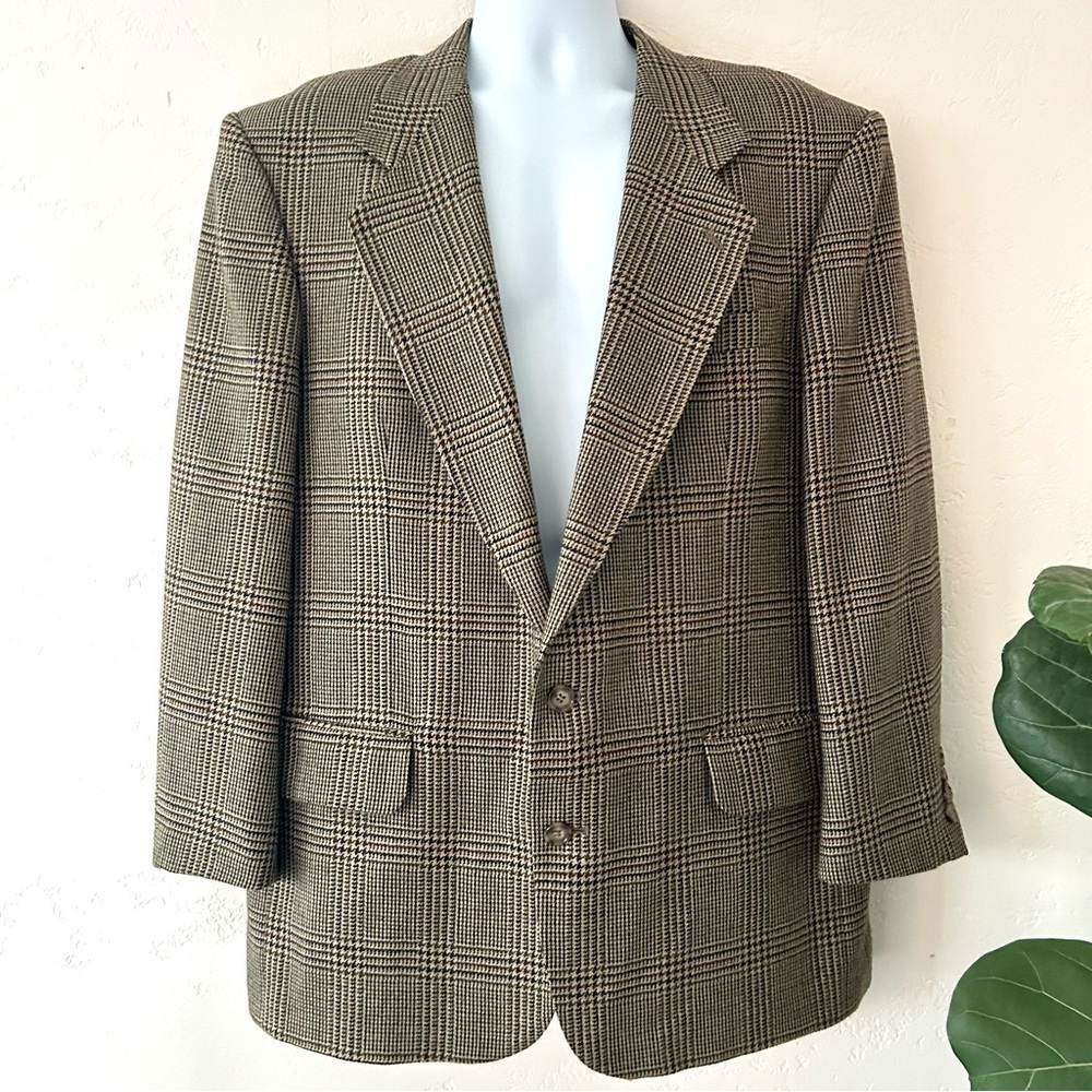 OSCAR DE LA RENTA Wool and Silk Houndstooth Tan Two Button Blazer Sport Coat 43R